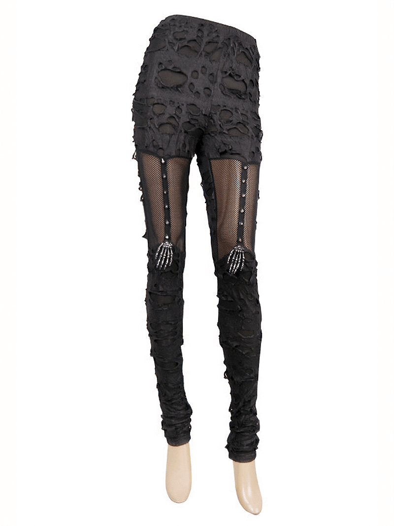 Stylish punk tattered leggings for women with gothic design and sheer mesh inserts.