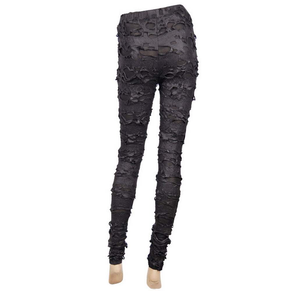 Black gothic tattered leggings for women with stylish tear details, perfect for edgy fashion and gothic outfits.