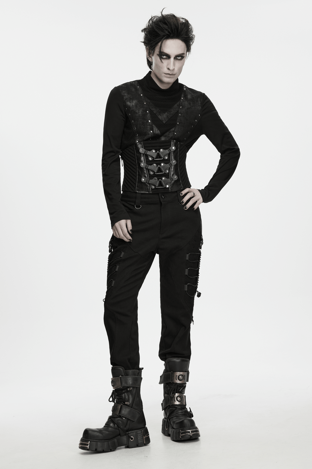 Langärmliges Herren-Oberteil im Gothic-Punk-Stil mit geometrischem Strickmuster