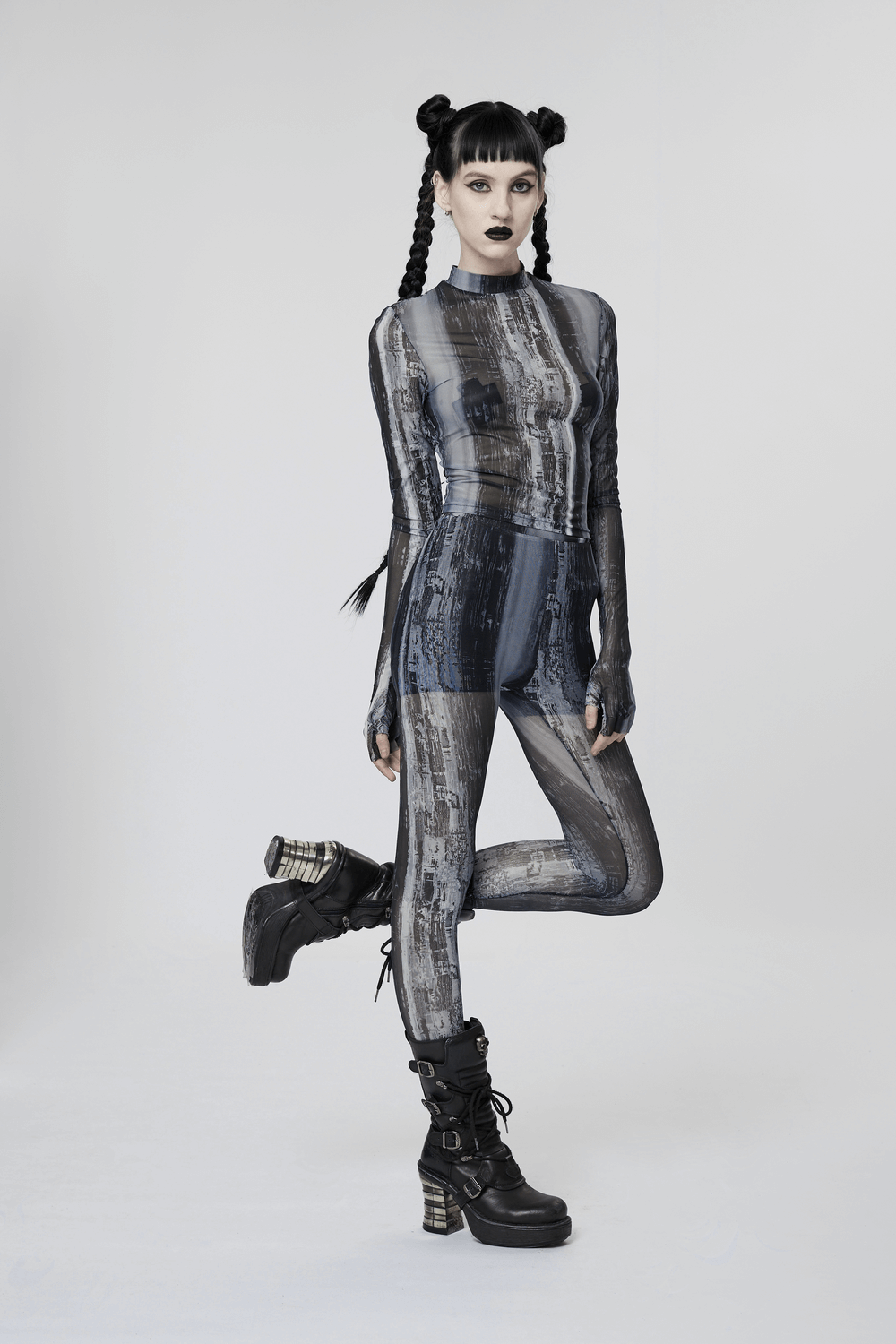 Punk Techwear Distressed Mesh Longsleeve Top, edgy cyberpunk style with finger holes and slim-fit design.