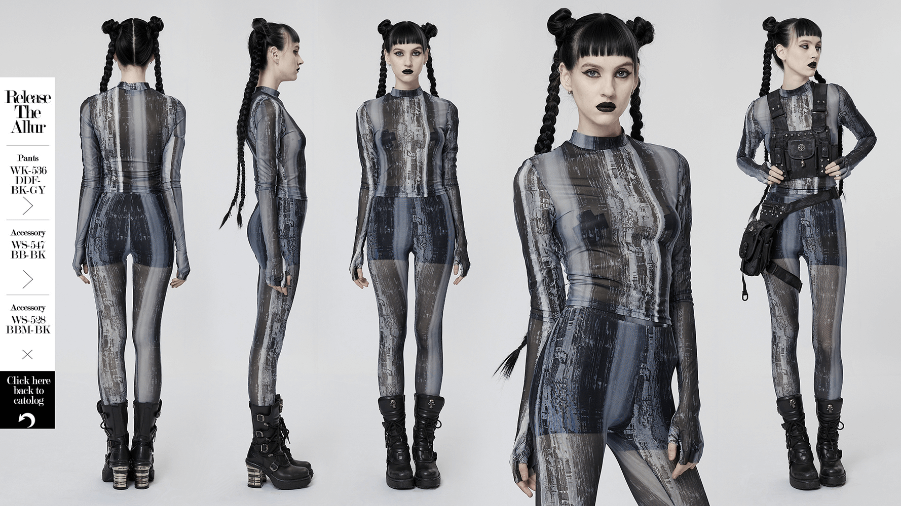 Punk techwear model showcasing distressed mesh longsleeve top with unique design and edgy finger holes.