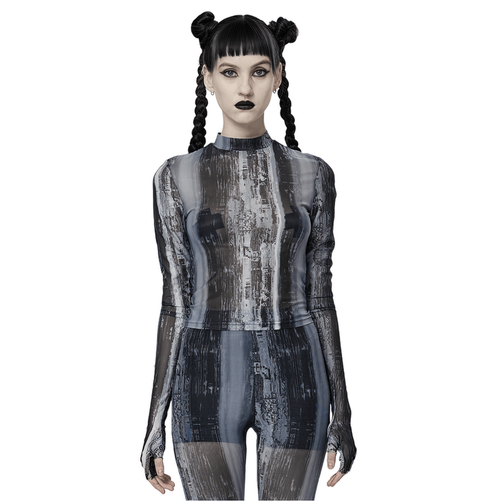 Punk techwear distressed mesh longsleeve top with finger holes in a sleek, stylish design, perfect for post-apocalyptic vibes.