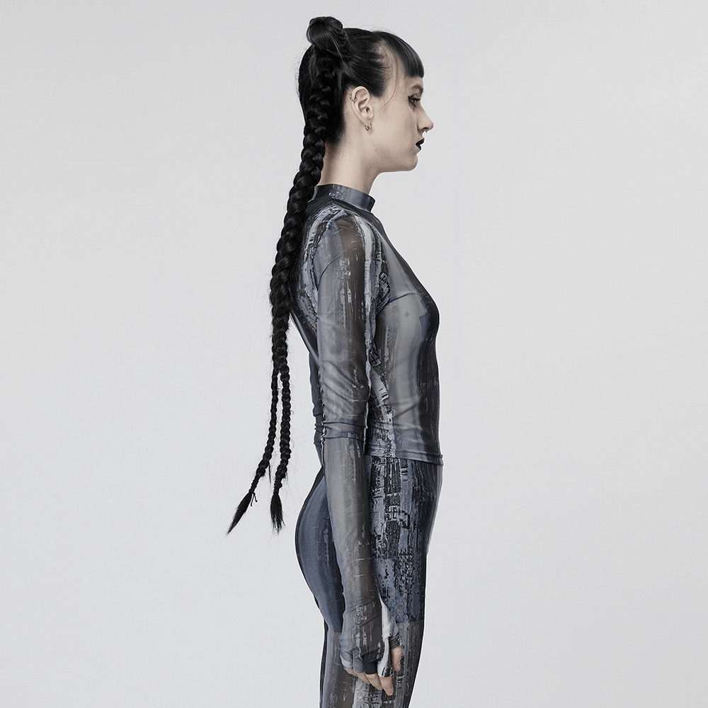 Side view of a model in a punk techwear distressed mesh longsleeve top, showcasing a futuristic look.