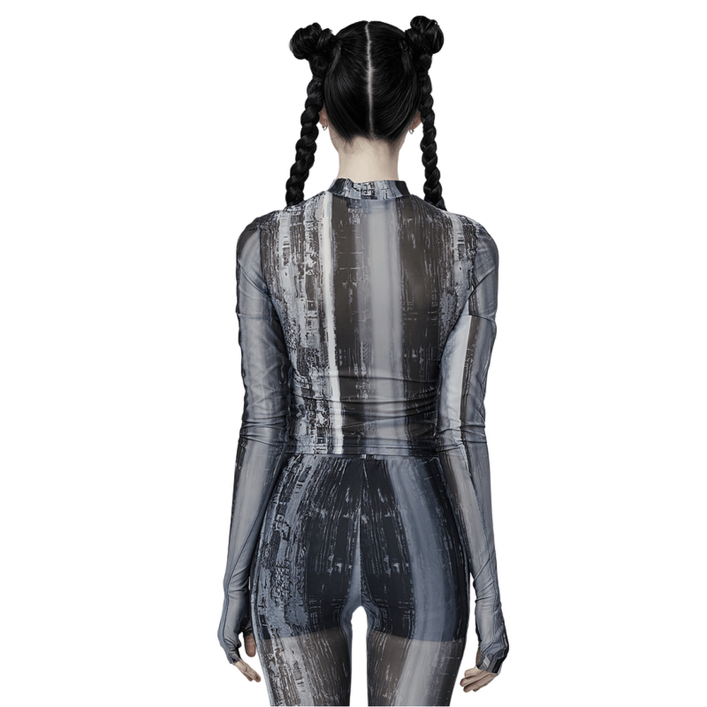Back view of a model in a distressed mesh longsleeve top, showcasing cyberpunk aesthetic and techwear style.