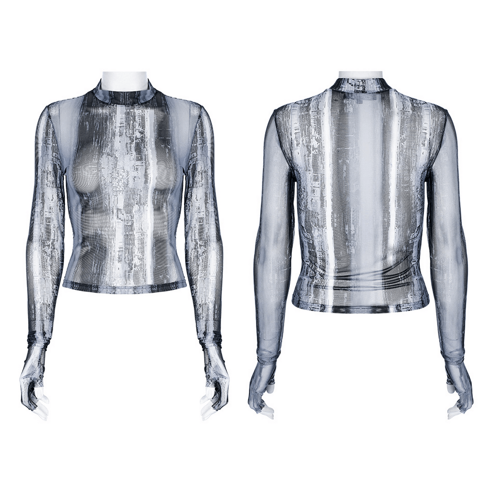 Punk Techwear Distressed Mesh Longsleeve Top showcasing unique decayed design and finger holes for an edgy look.