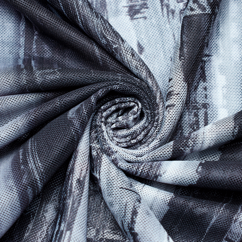 Close-up of distressed mesh fabric in black and gray, showcasing unique texture for punk techwear style.