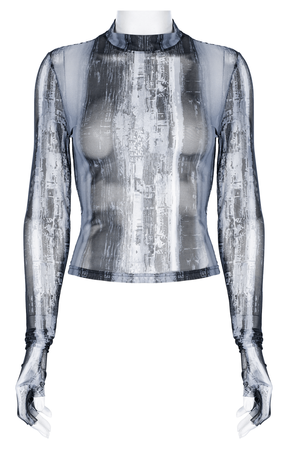 Punk techwear distressed mesh longsleeve top with edgy decayed design and finger holes for a post-apocalyptic look.
