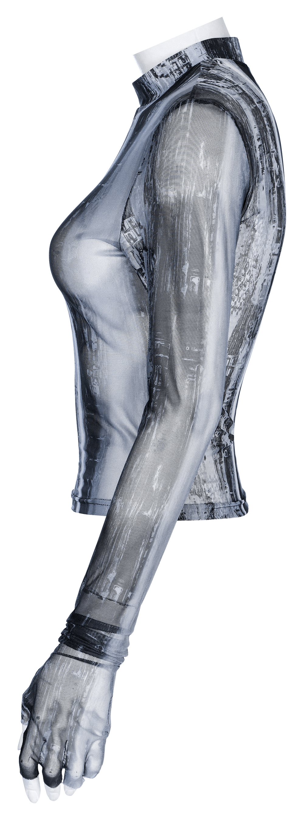 Punk Techwear Distressed Mesh Longsleeve Top showcasing slim-fit design and edgy finger hole details.