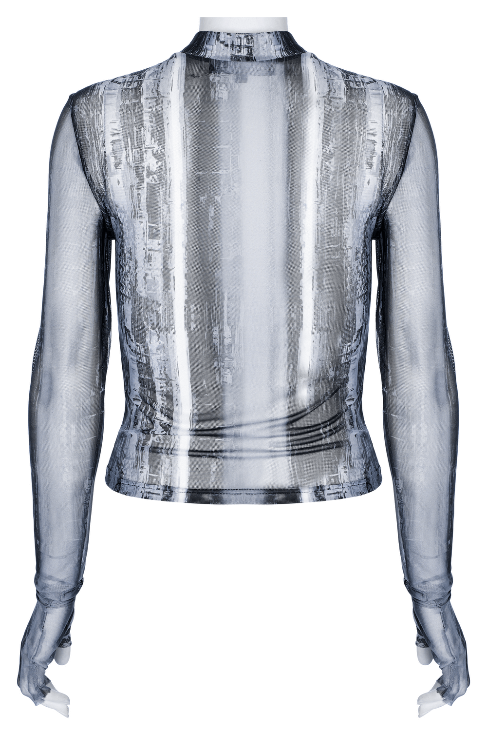 Back view of distressed mesh longsleeve top showcasing a sleek, post-apocalyptic techwear design with finger holes.