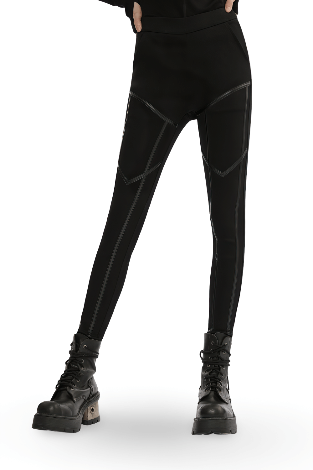 Punk techwear leggings in faux leather with zipper details and side splices, styled with edgy combat boots.