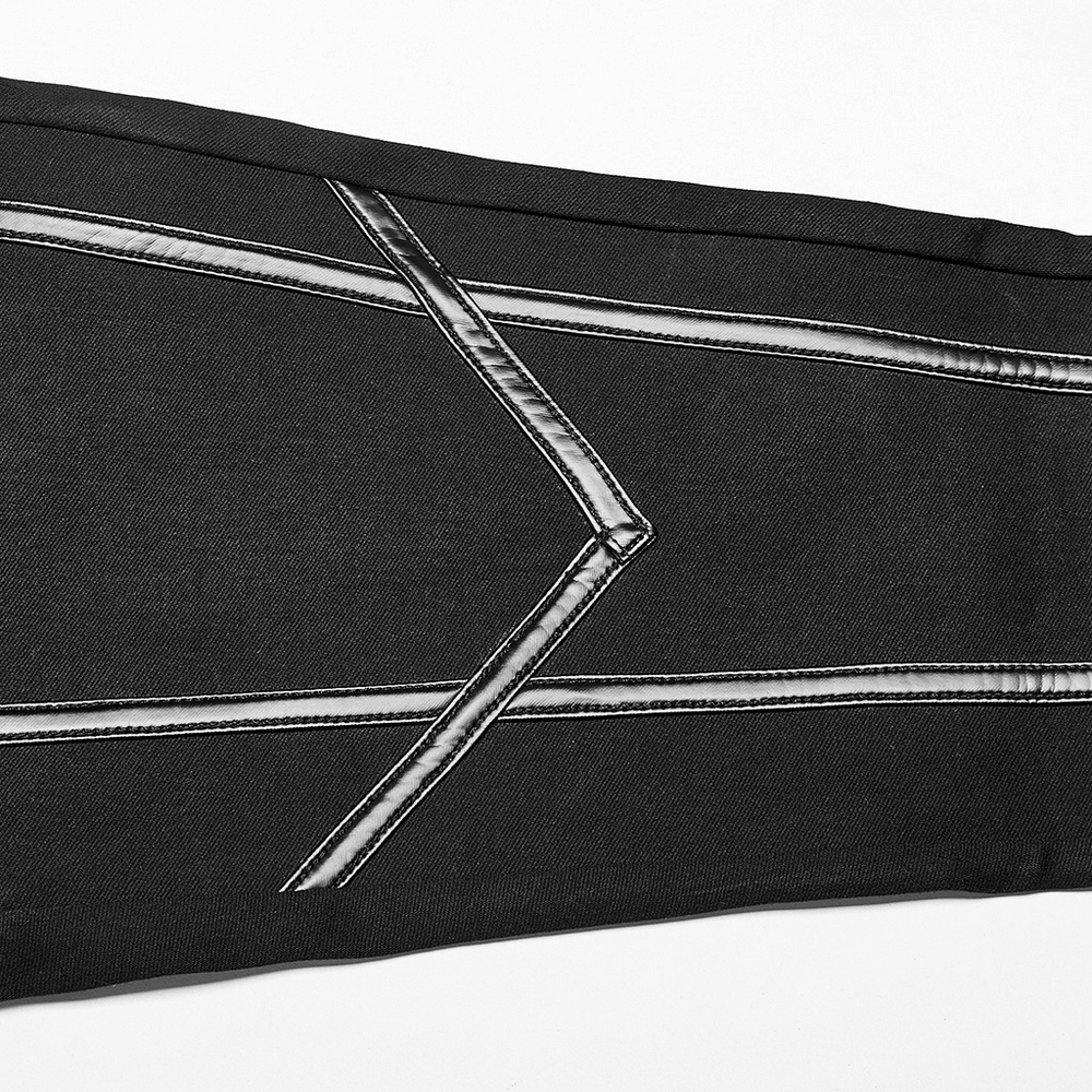 Close-up of punk techwear faux leather legging with edgy side zipper splice detailing.