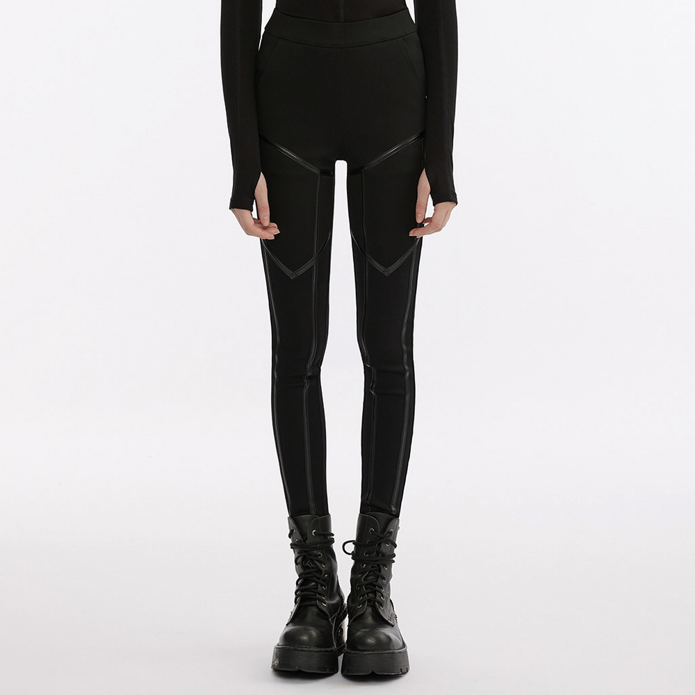 Punk techwear faux leather leggings with zipper splice, featuring edgy side details and a snug elastic waistband.