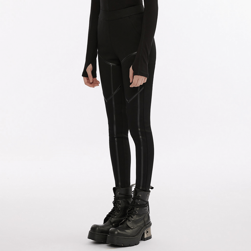 Punk techwear faux leather leggings with side zippers, styled with combat boots for a rebellious look.
