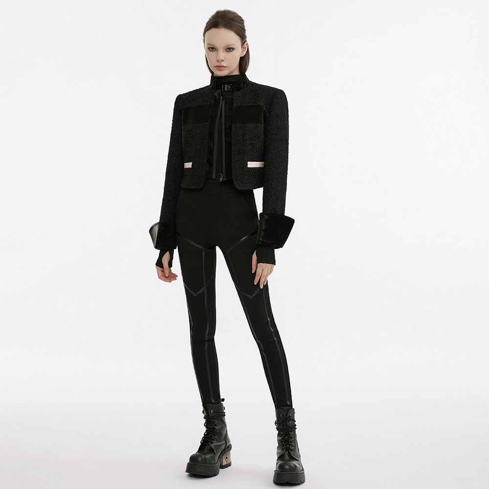 Model wearing black punk techwear faux leather leggings and matching cropped jacket with a stylish and edgy look.