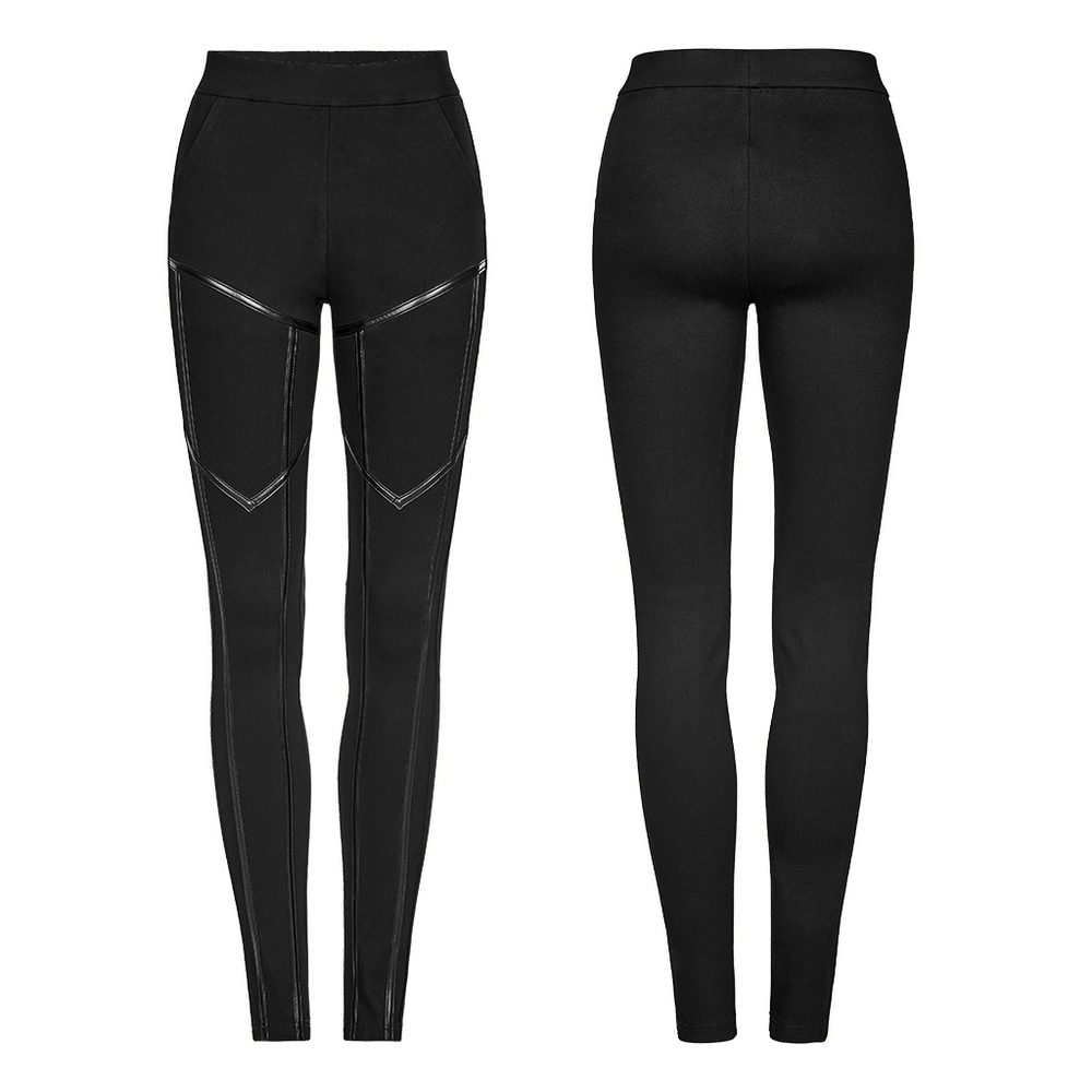 Punk techwear faux leather leggings with side zipper splice, featuring edgy split lines and a snug fit.