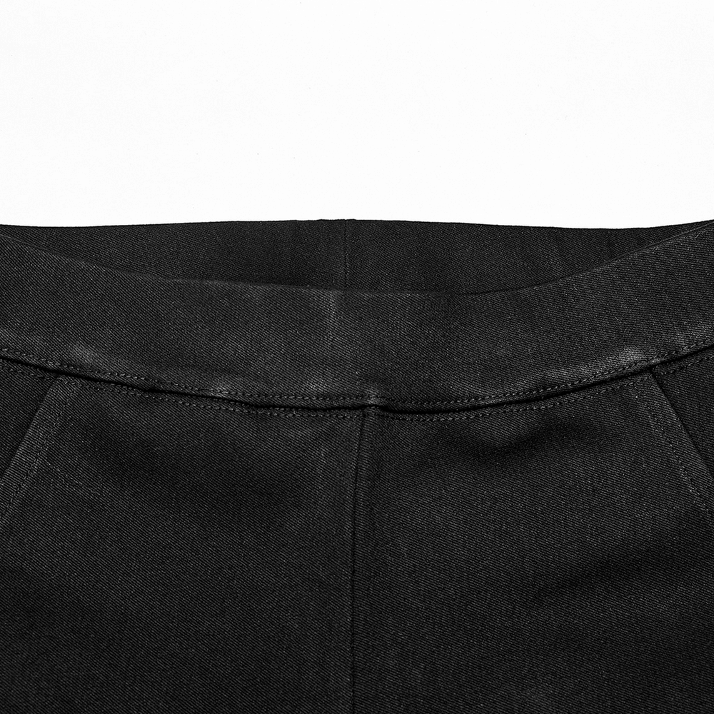 Close-up of punk techwear faux leather legging waistband with stitching detail for stylish fit and comfort.