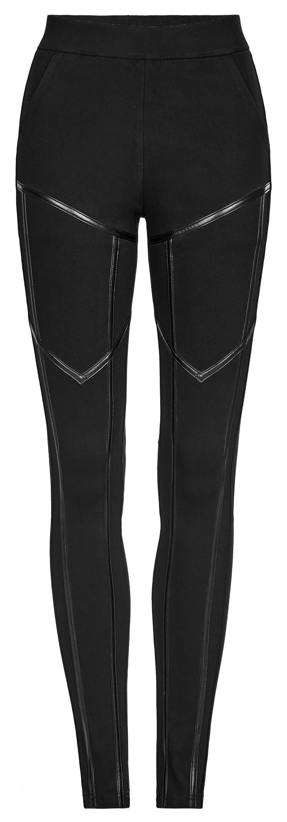 Punk techwear faux leather leggings with side zipper splice and edgy design for a rebellious look.