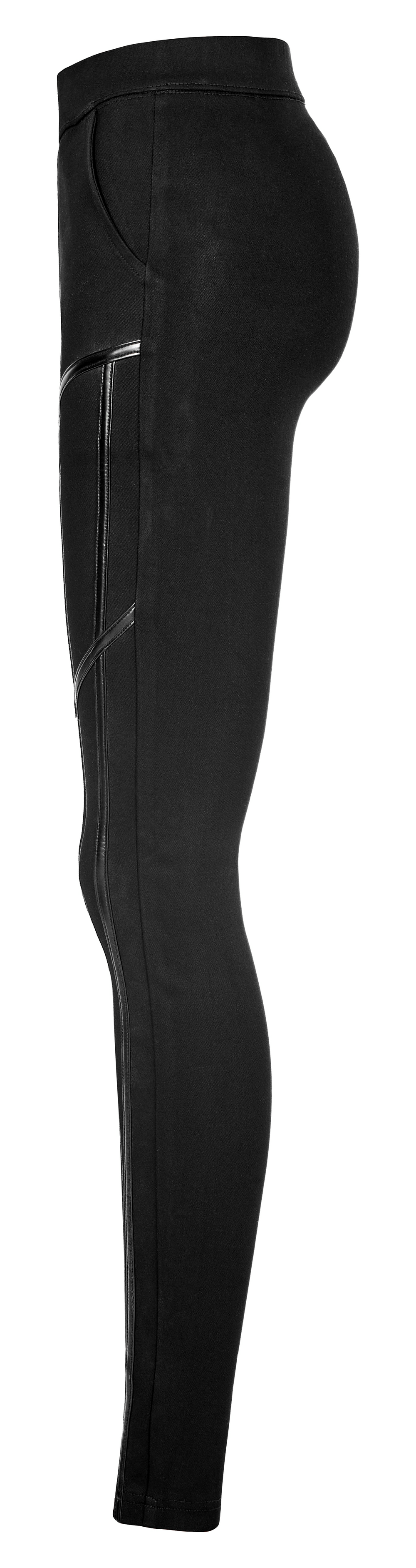 Punk techwear faux leather leggings with side zipper splice and inclined pockets for an edgy look.