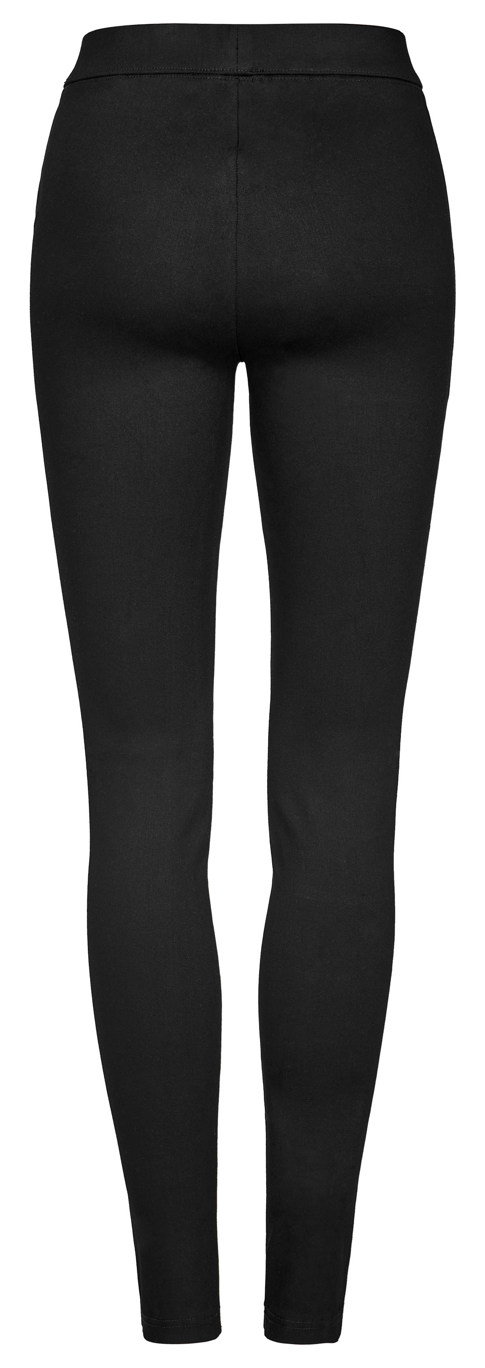 Back view of punk techwear faux leather leggings with side zipper splice, featuring a sleek black design.