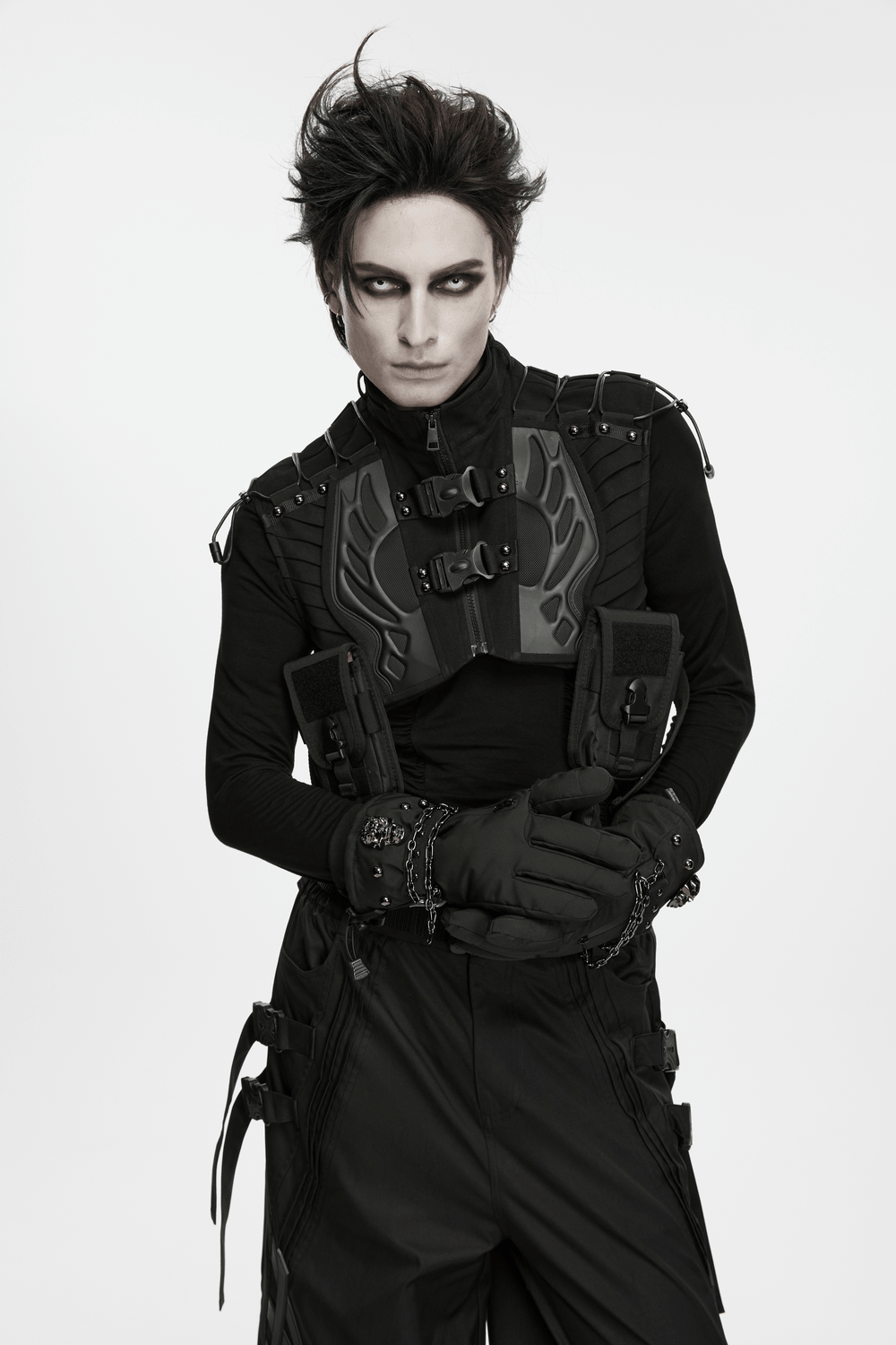 Punk Techwear Gloves with Skull and Chain Details, black waterproof winter gloves with chains and zip pocket for bold edgy style