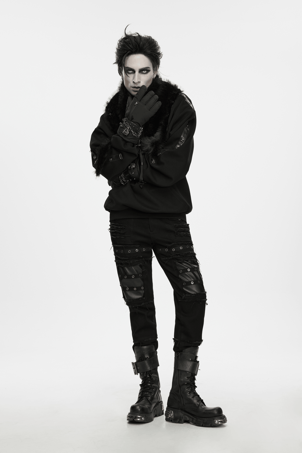 Punk Techwear Gloves with Skull and Chain Details on bold model in black winter goth style