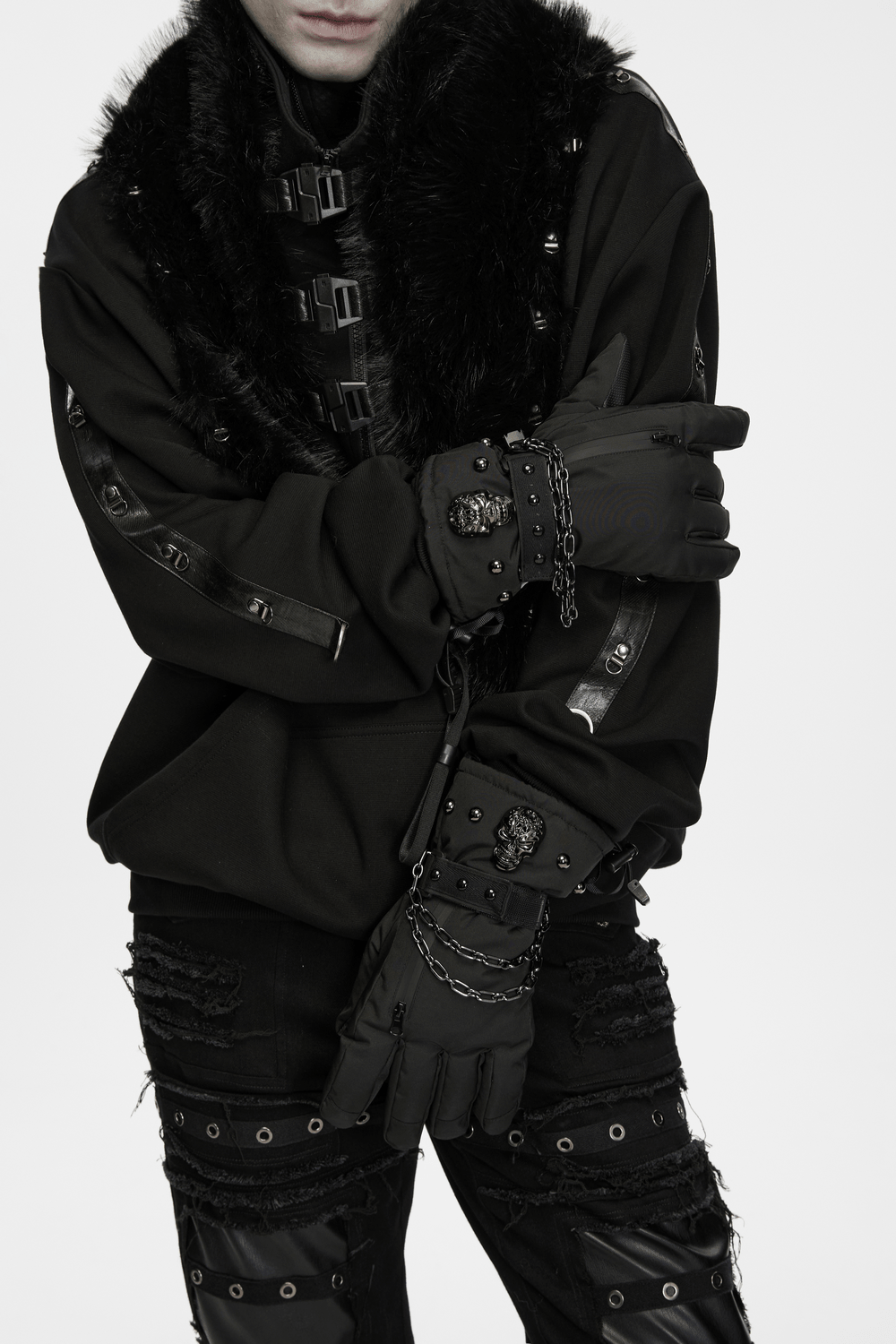 Punk Techwear Gloves with Skull and Chain Details, black winter gloves with skull accents, chains, and zipper pocket for bold style