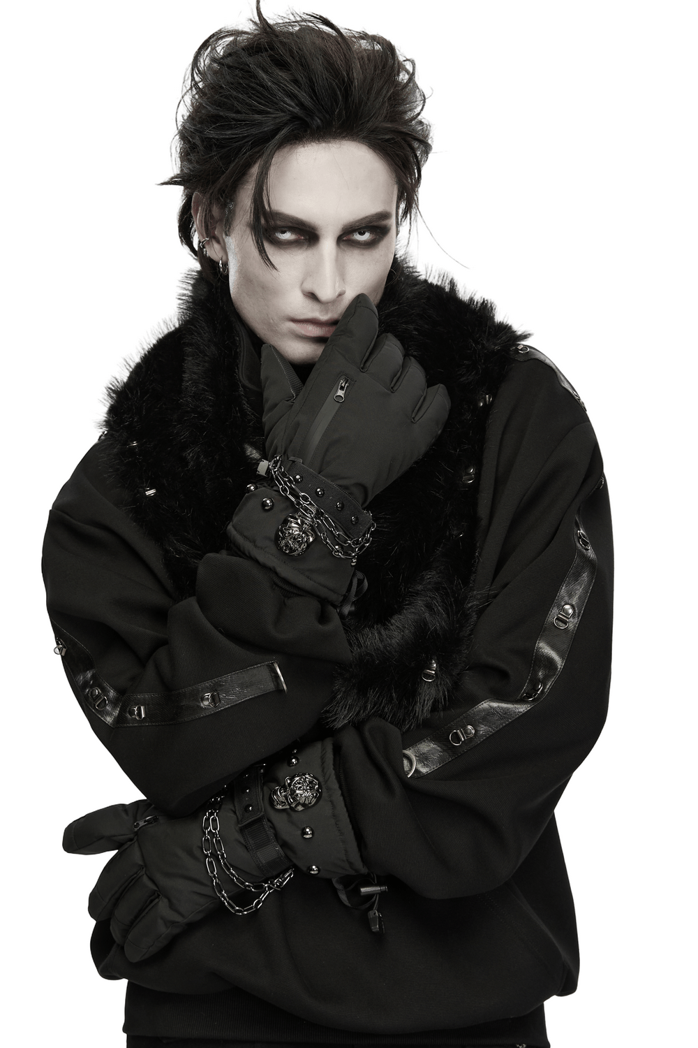 Punk Techwear Gloves with Skull and Chain Details, black waterproof insulated winter gloves with zipper pocket and edgy metal chains