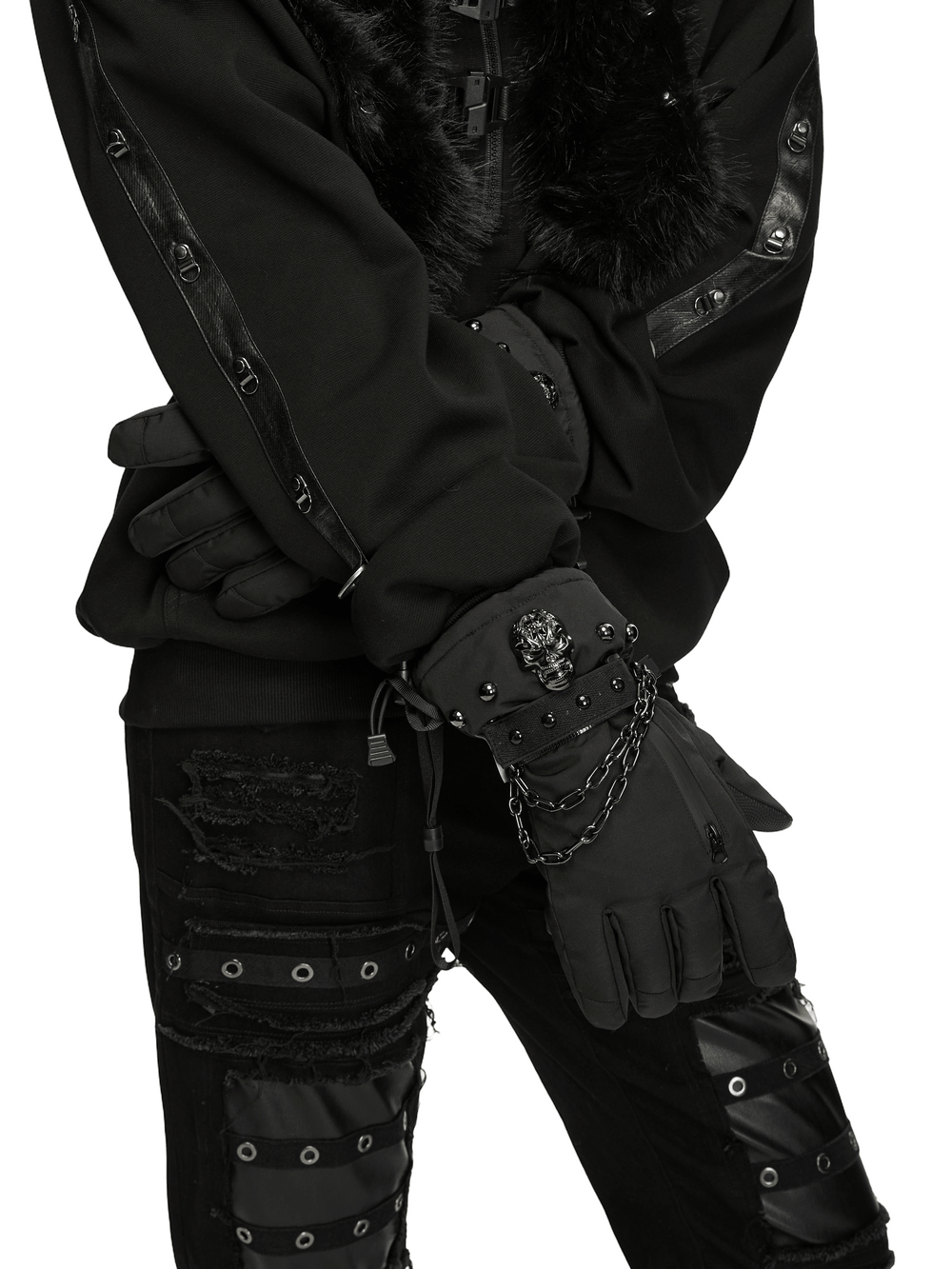 Punk Techwear Gloves with Skull and Chain Details, black waterproof winter gloves with skull accent and chain trim