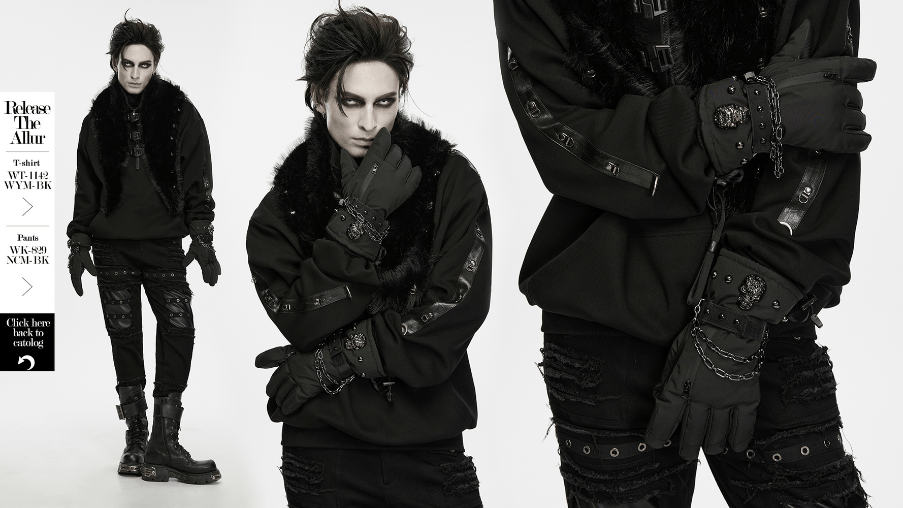 Punk Techwear Gloves with Skull and Chain Details, black winter gloves with zipper pocket, chain accents, and studded punk style