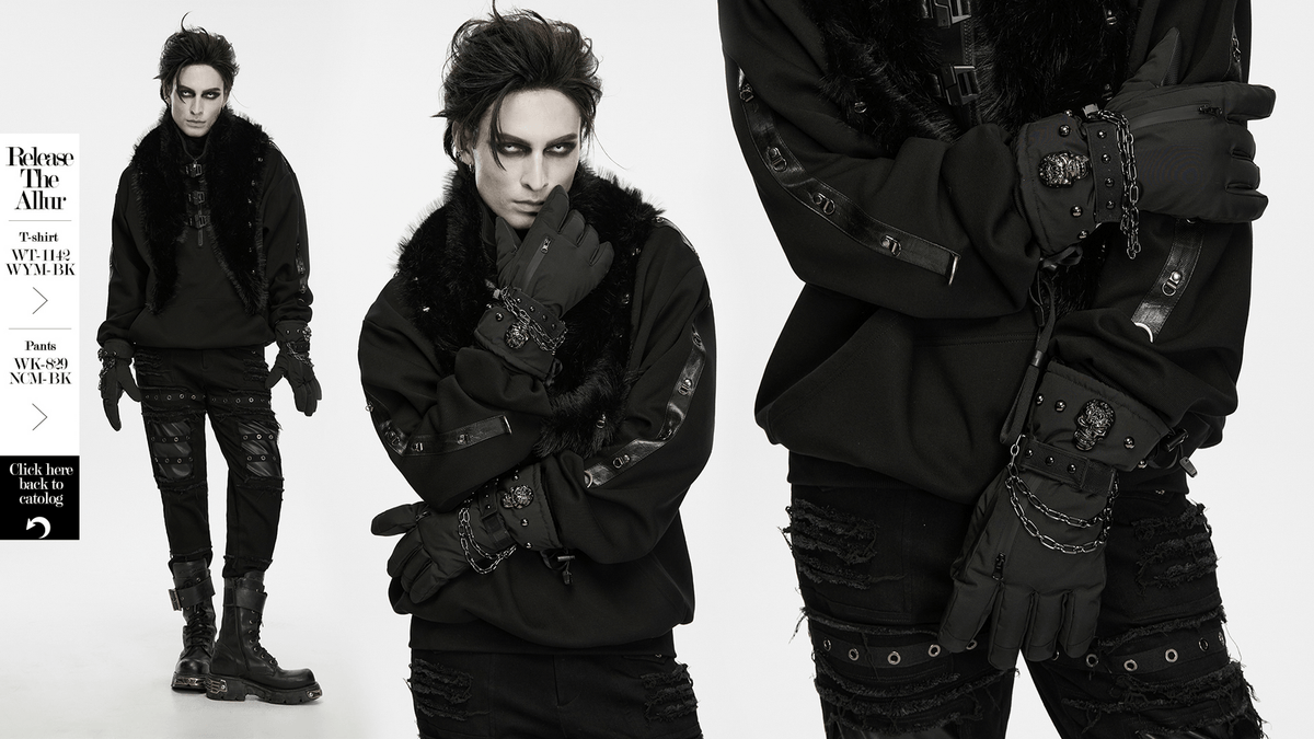 Punk Techwear Gloves with Skull and Chain Details, black winter gloves with zipper pocket, chain accents, and studded punk style