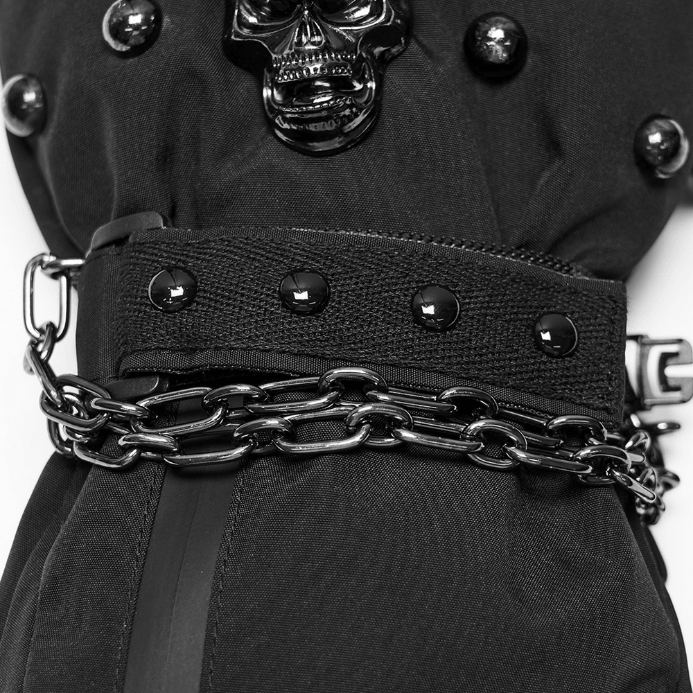 Punk Techwear Gloves with Skull and Chain Details, black waterproof winter gloves with skull accents, chains, and zippered pocket