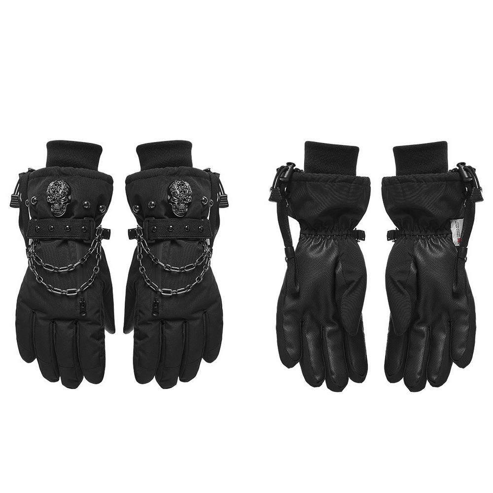 Punk Techwear Gloves with Skull and Chain Details, black waterproof insulated winter gloves with zipper pocket and chains