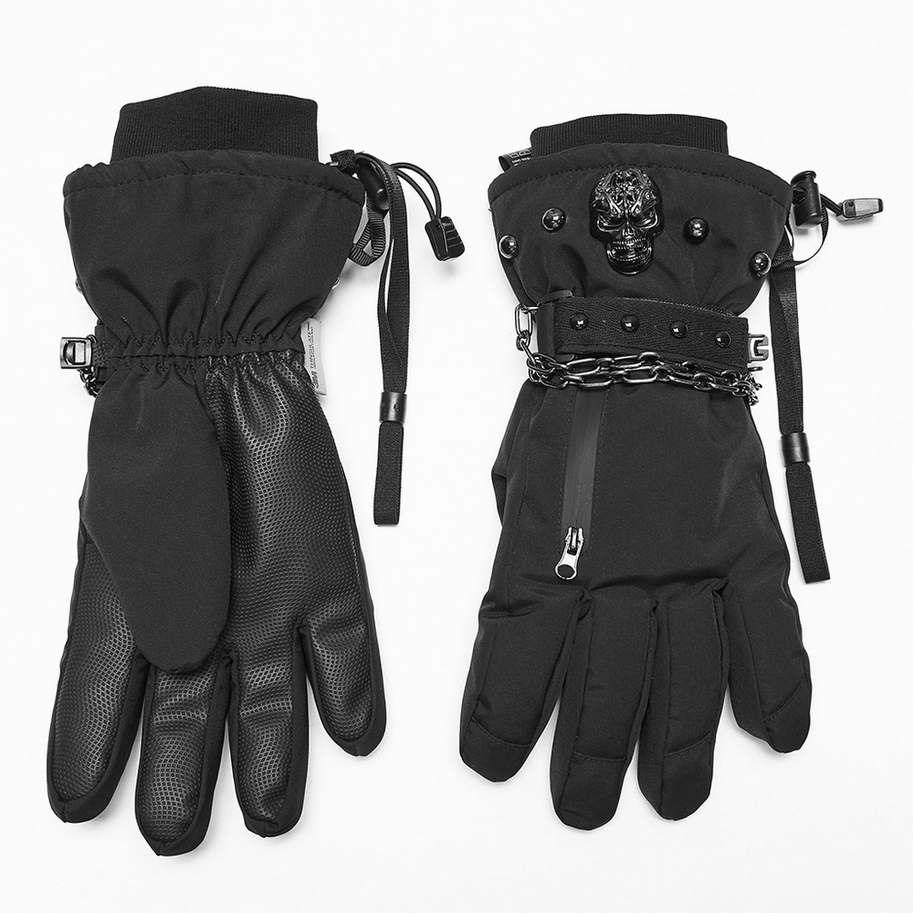 Punk Techwear Gloves with Skull and Chain Details waterproof insulated winter gloves with zipper pocket, chains, and grip