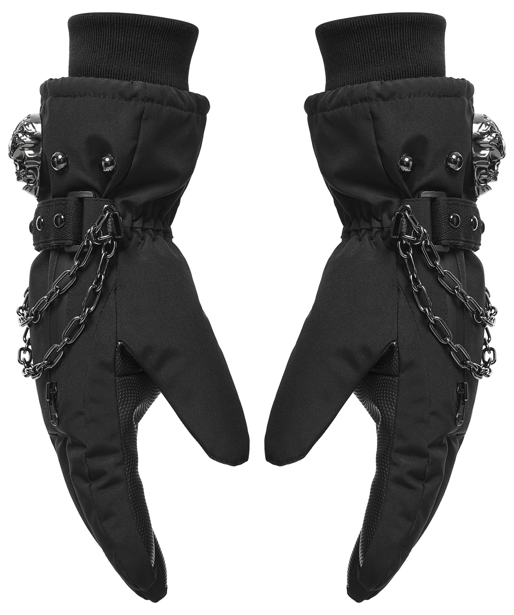 Punk Techwear Gloves with Skull and Chain Details, waterproof insulated winter gloves with zipper pocket and bold black gothic style