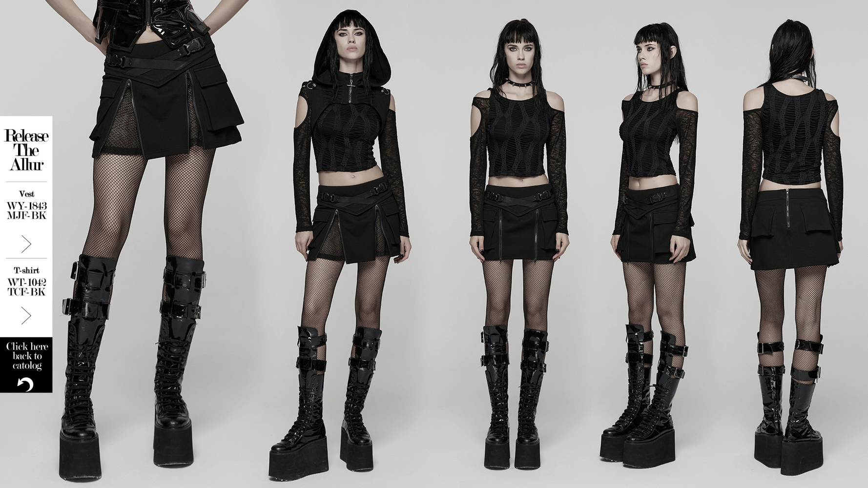 Punk Techwear Skirt with Adjustable Zippers and Pockets showcased in edgy outfit with platform boots.
