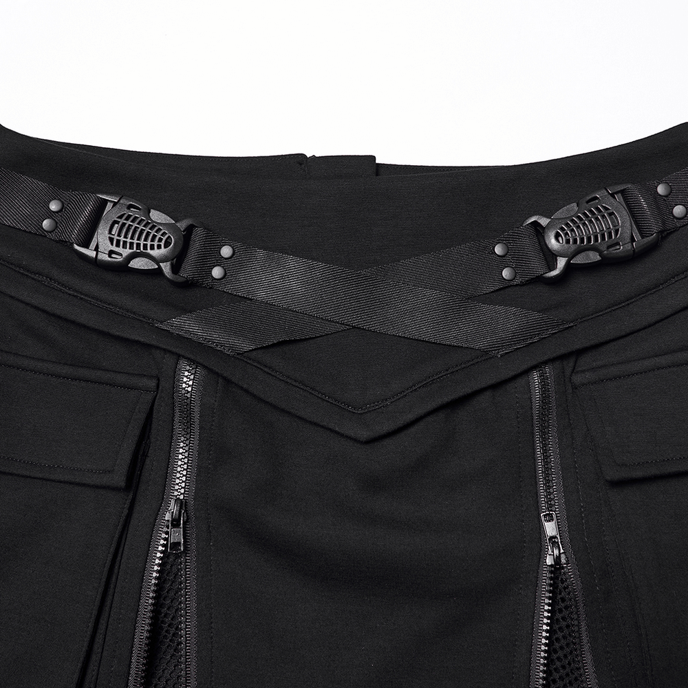 Punk Techwear Skirt with Adjustable Zippers and Pockets featuring unique buckles and zippers in black fabric.