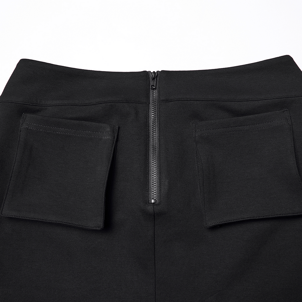 Back view of Punk Techwear Skirt with Adjustable Zippers and Pockets showing pockets and zipper detail.