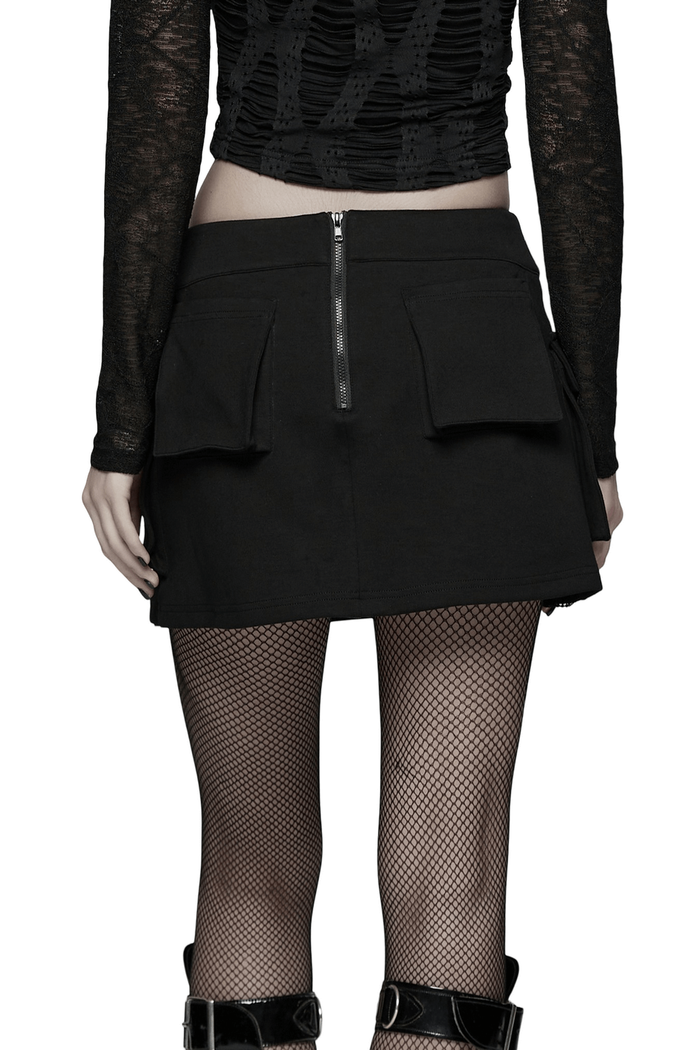 Punk Techwear Skirt with Adjustable Zippers and Pockets showcasing the back view with zippers and pockets.
