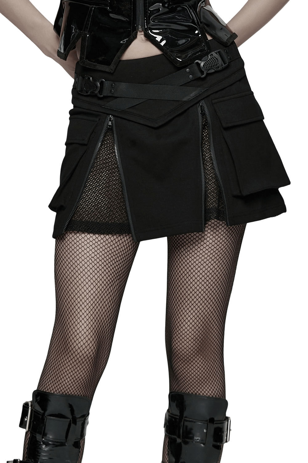Punk Techwear Skirt with Adjustable Zippers and Pockets featuring unique mesh and zippered style.