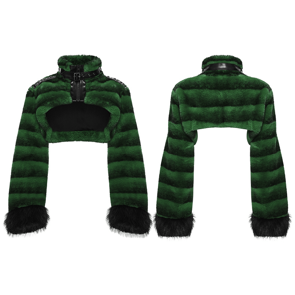 Punk Ultra-Soft Fur Jacket with Studded Shoulder Straps showcasing bold green stripes and cropped design.