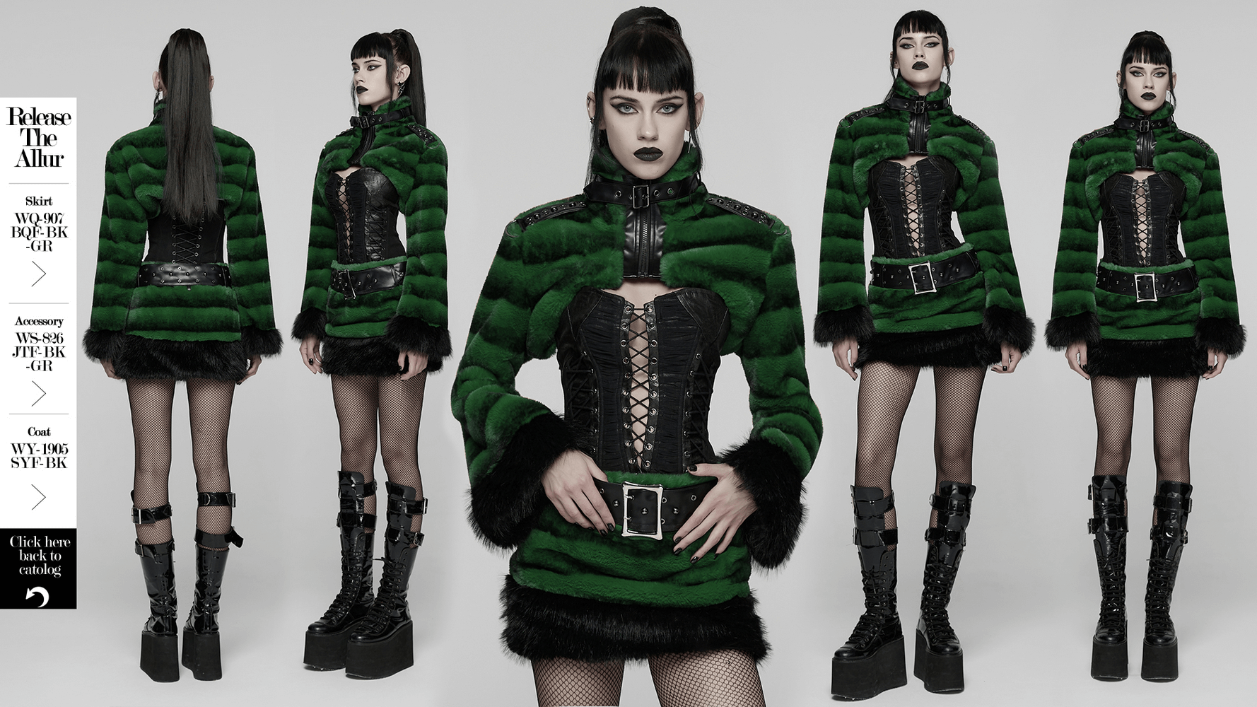 Punk Ultra-Soft Fur Jacket with Studded Shoulder Straps stylishly displayed in green with bold accessories.