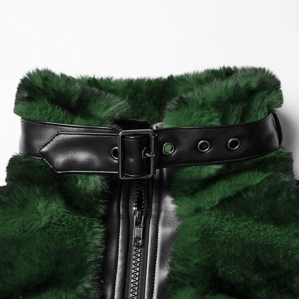 Punk Ultra-Soft Fur Jacket with Studded Shoulder Straps close-up view showing green fur and leather details.