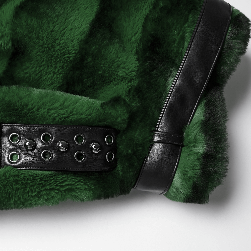 Punk Ultra-Soft Fur Jacket with Studded Shoulder Straps showcasing vibrant green fur and striking black studs.