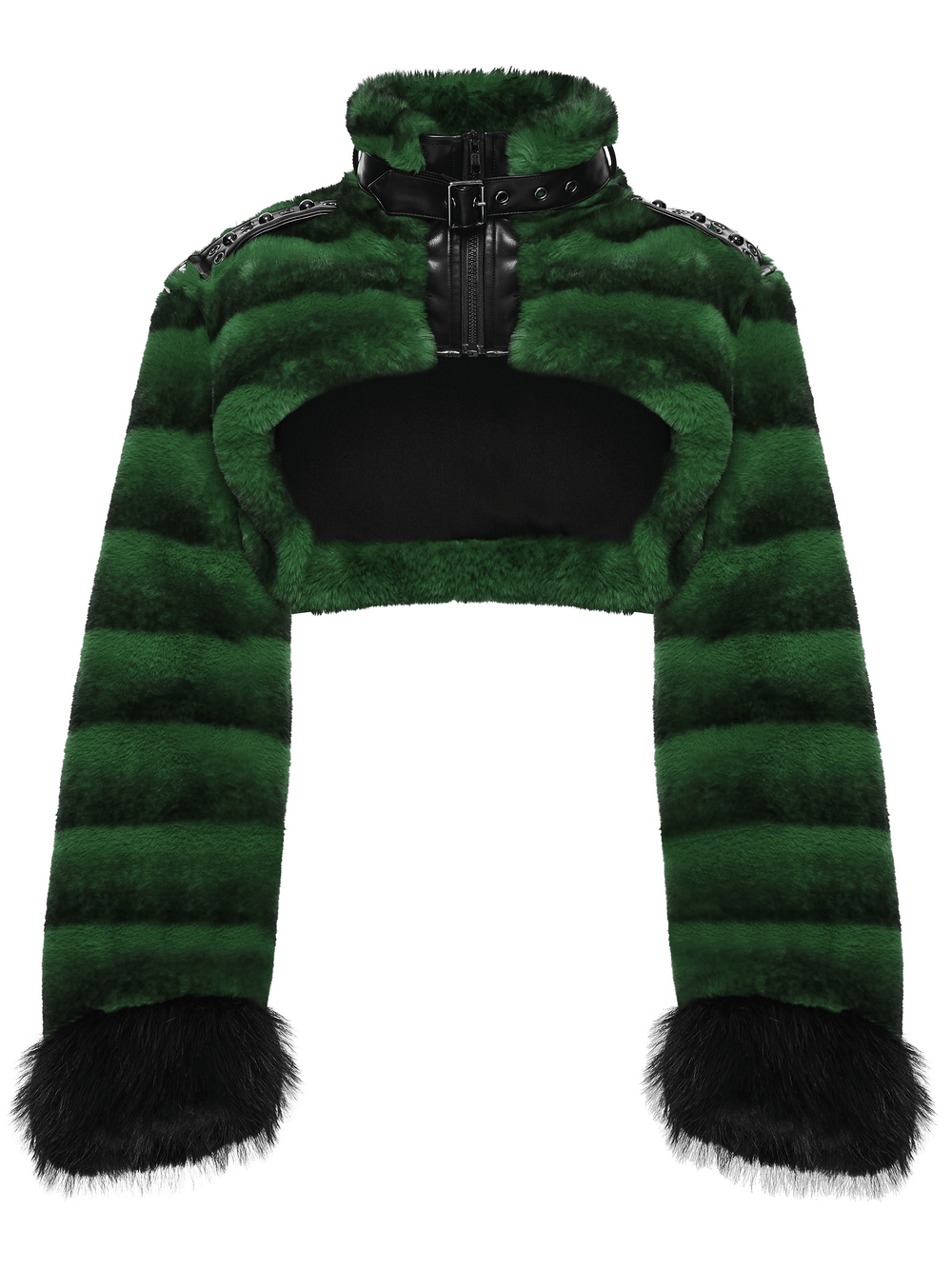 Punk Ultra-Soft Fur Jacket with Studded Shoulder Straps featuring green striped design and black leather accents.