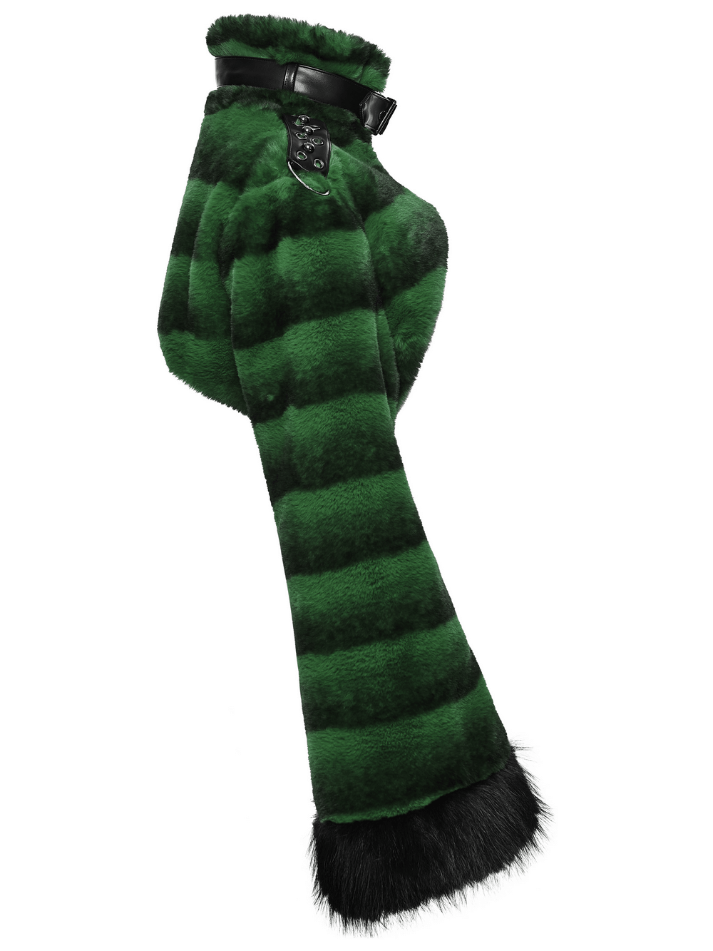 Punk Ultra-Soft Fur Jacket with Studded Shoulder Straps in green stripes, featuring a stylish belt.