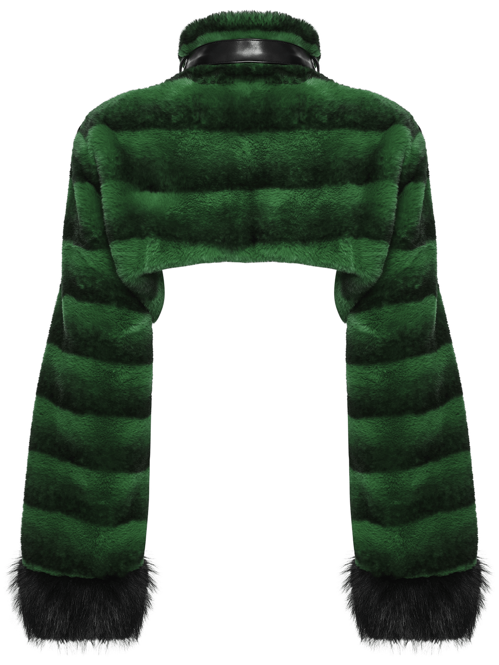 Punk Ultra-Soft Fur Jacket with Studded Shoulder Straps in green stripes, featuring a cropped design and faux fur sleeves.