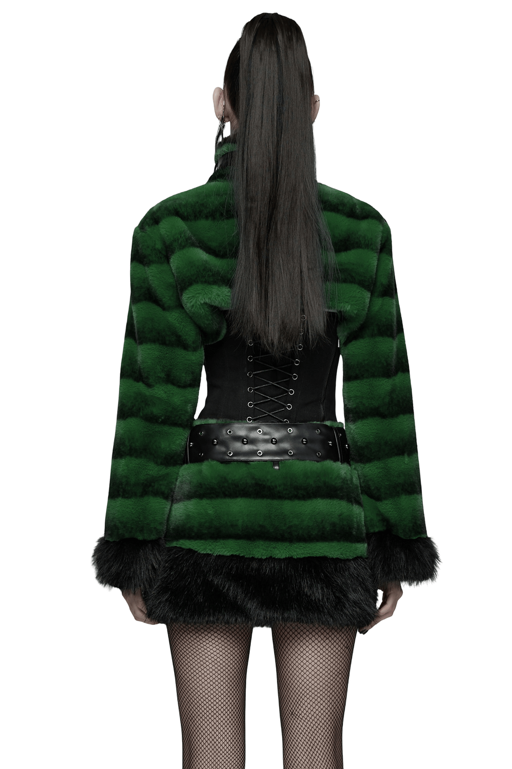 Punk Ultra-Soft Fur Jacket with Studded Shoulder Straps viewed from the back, featuring green stripes and a stylish black corset.