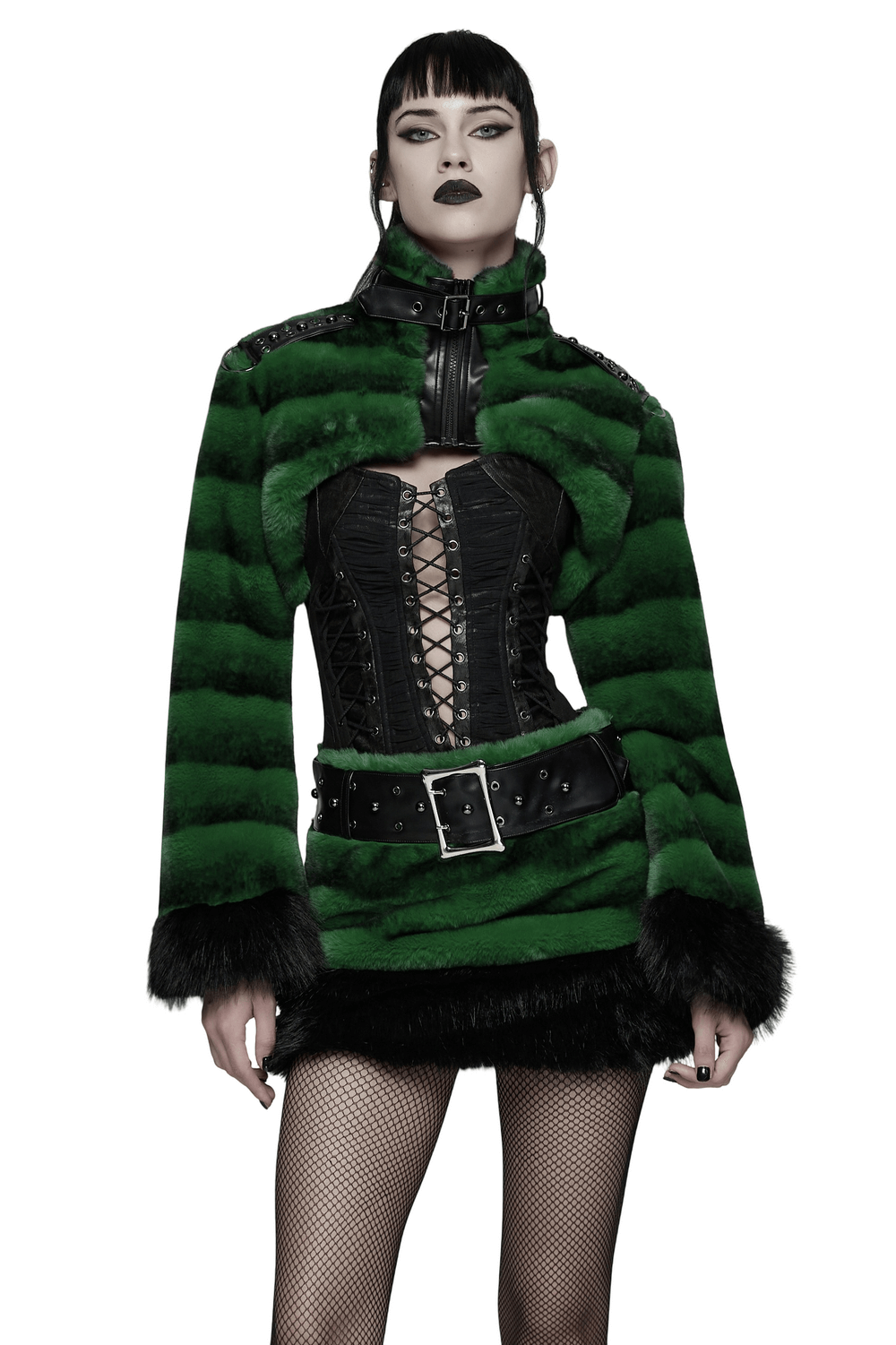Punk Ultra-Soft Fur Jacket with Studded Shoulder Straps, featuring bold green stripes and stylish black accents.