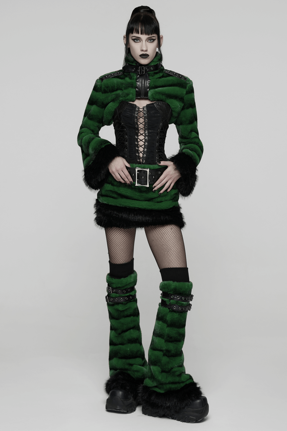 Punk Ultra-Soft Fur Jacket with Studded Shoulder Straps modeled by a stylish model in a dramatic pose.