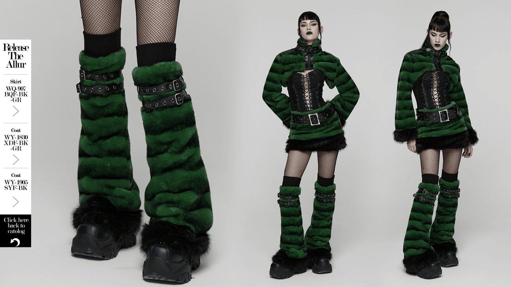 Punk Ultra-Soft Fur Leg Warmers with Striped Design worn by model in gothic outfit, showcasing green and black striped faux fur.